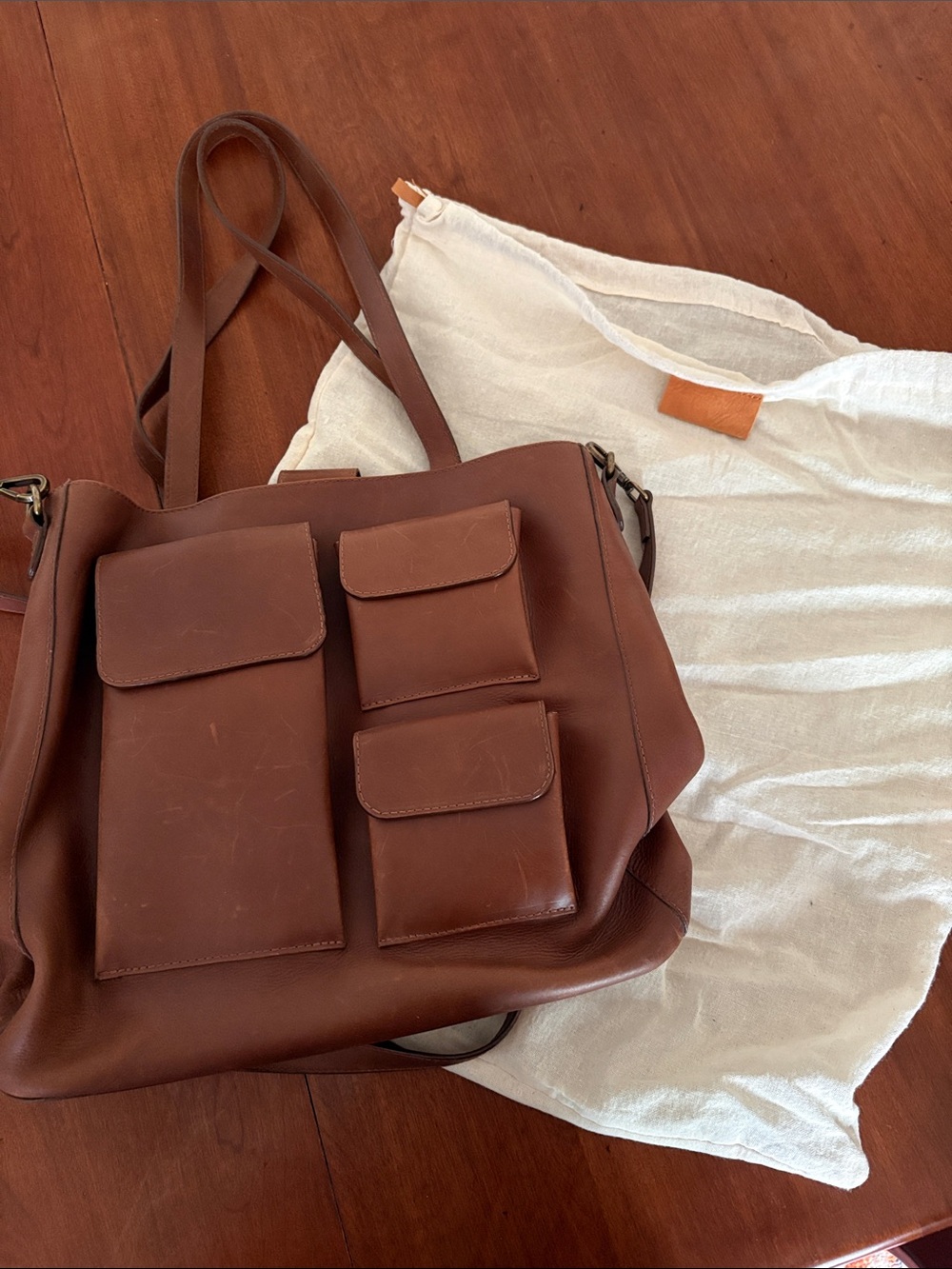 Brown 100% Leather Crossbody Tote Bag with Front Pockets